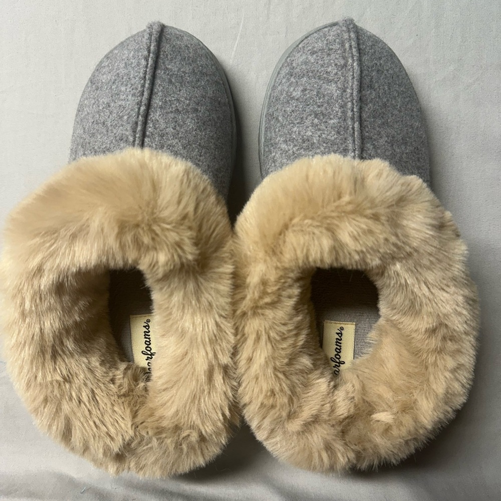 Gray and Tan Faux Fur Slippers